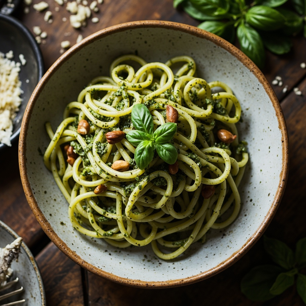 Pasta Pesto mit geriebenem Parmesan